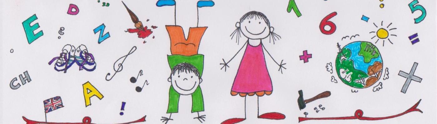 Eine Zeichnung zeigt zwei Kinder umgeben von Buchstaben, Zahlen und Lernsymbolen.